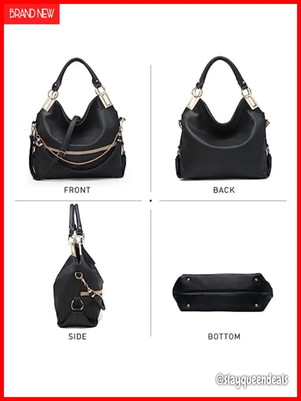 Large Hobo Bag Rhinestone Accents Vegan Leather Tote Shoulder Purse